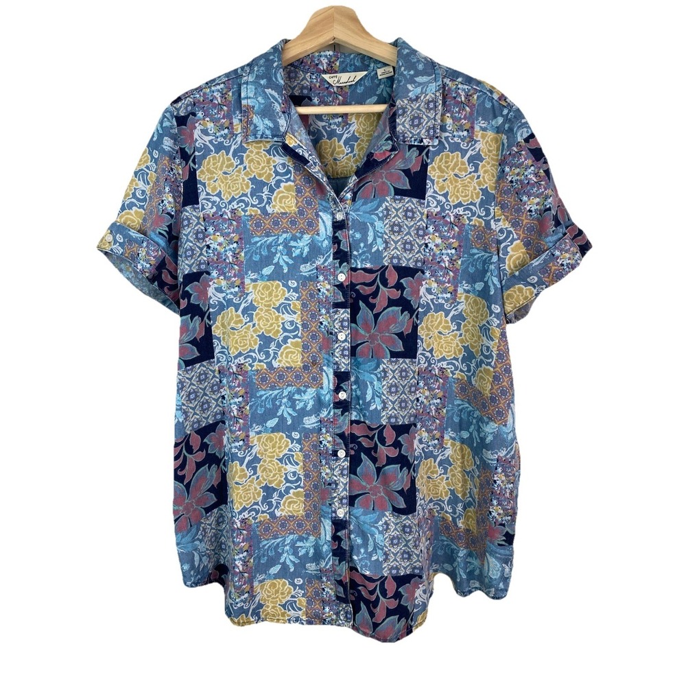 Caffe Marrakesh Women 1X Blue Patchwork Floral Short Sleeve Button Down Shirt